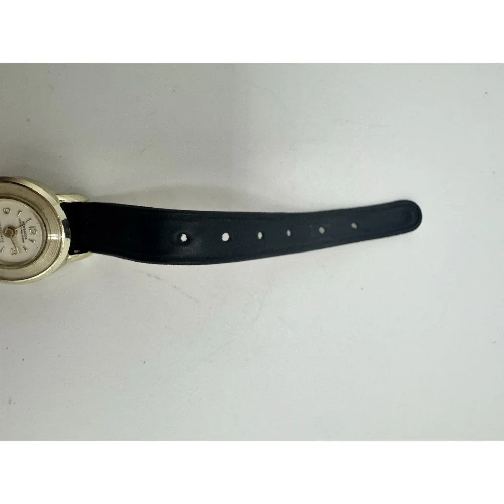 Vintage‎ Newbrook Swiss Made Antimagnetic Shockproof Gold Tone Watch Black Strap